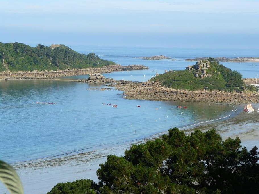 une plage avec un tas de bateaux dans l'eau dans l'établissement Au dessus de l'eau, à Trébeurden