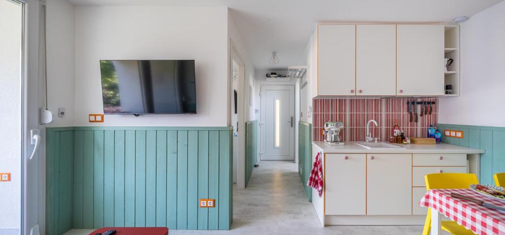 佐馬爾迪的住宿－Balatonic Retro，厨房配有绿色和白色的橱柜和桌子