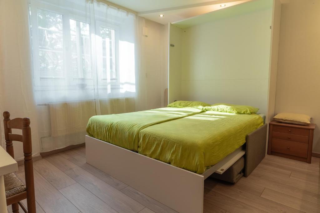 1 dormitorio con 1 cama con edredón verde y ventana en Studio Apartment Dominika, en Liubliana