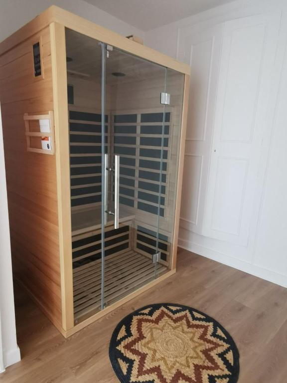 a glass shower in a room with a rug at Clos Léonie - appartement 68m2 lumineux avec sauna in Givry