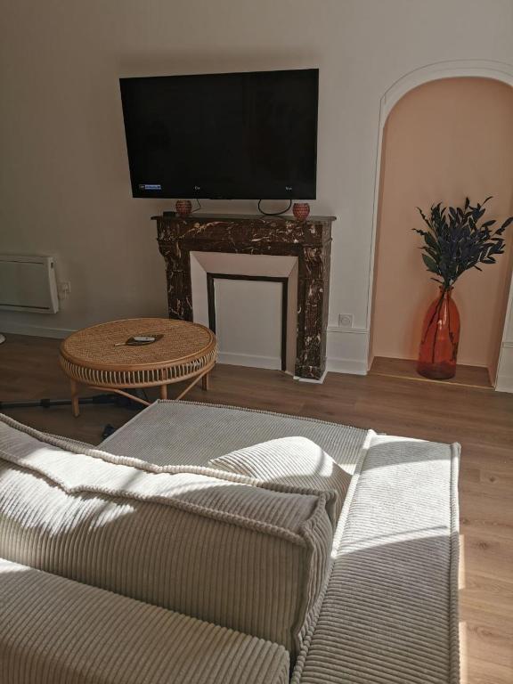 a living room with a couch and a fireplace at Clos Léonie - appartement 68m2 lumineux avec sauna in Givry