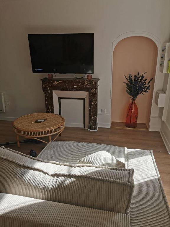 a living room with a couch and a fireplace at Clos Léonie - appartement 68m2 lumineux avec sauna in Givry
