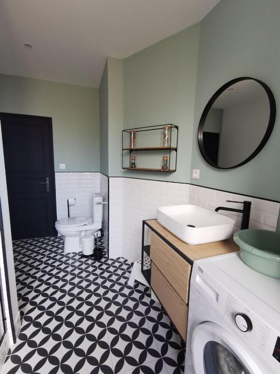 a bathroom with a sink and a toilet and a mirror at Clos Léonie - appartement 68m2 lumineux avec sauna in Givry