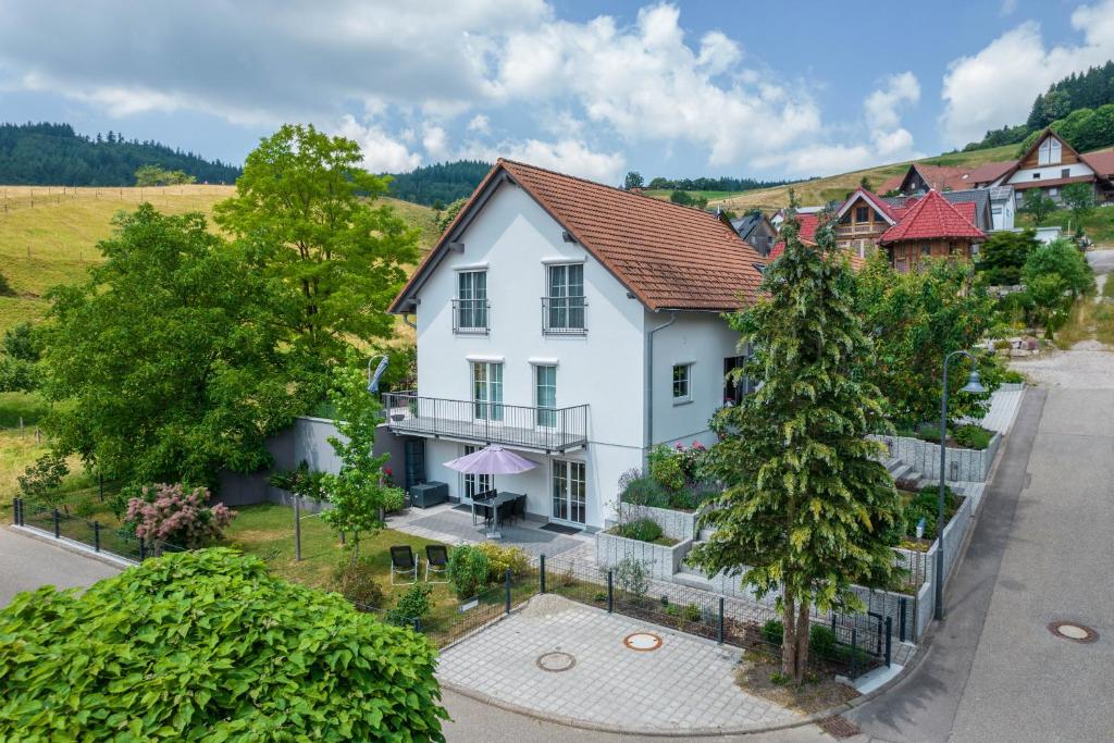 an aerial view of a white house at Ferienwohnung Hohfelsenblick in Seebach