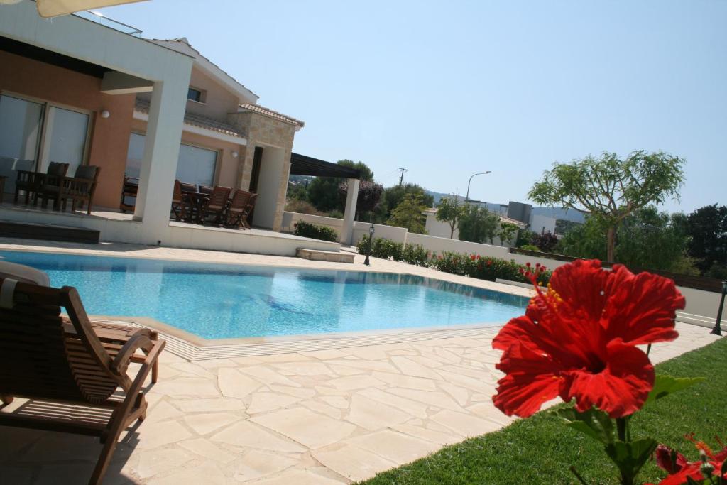 a house with a swimming pool and a red flower at Paradise Latchi Villa in Polis Chrysochous