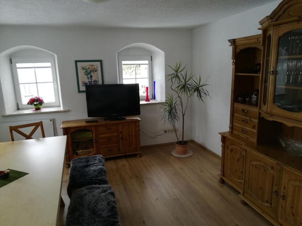 a living room with a television on a wooden cabinet at Ferienhaus 3 Eulen in Kurort Altenberg