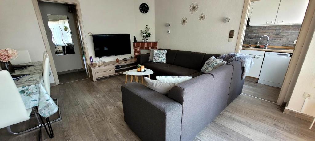 a living room with a couch and a tv at 400m de la mer, calme, lumineux, parking privatif, 3 chambres max 6 personnes in Koksijde