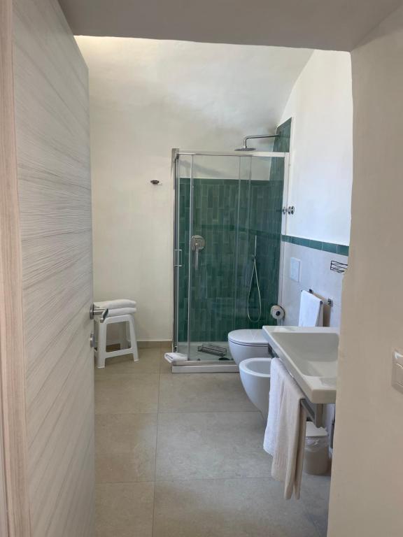 a bathroom with a shower and a toilet and a sink at Villa Pino in Furore