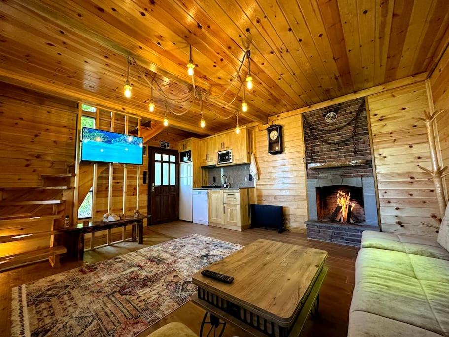 a living room with a couch and a fireplace at Doğada ahşap minik bir ev. ( Nazende Dağ Evi ) in Akcaabat