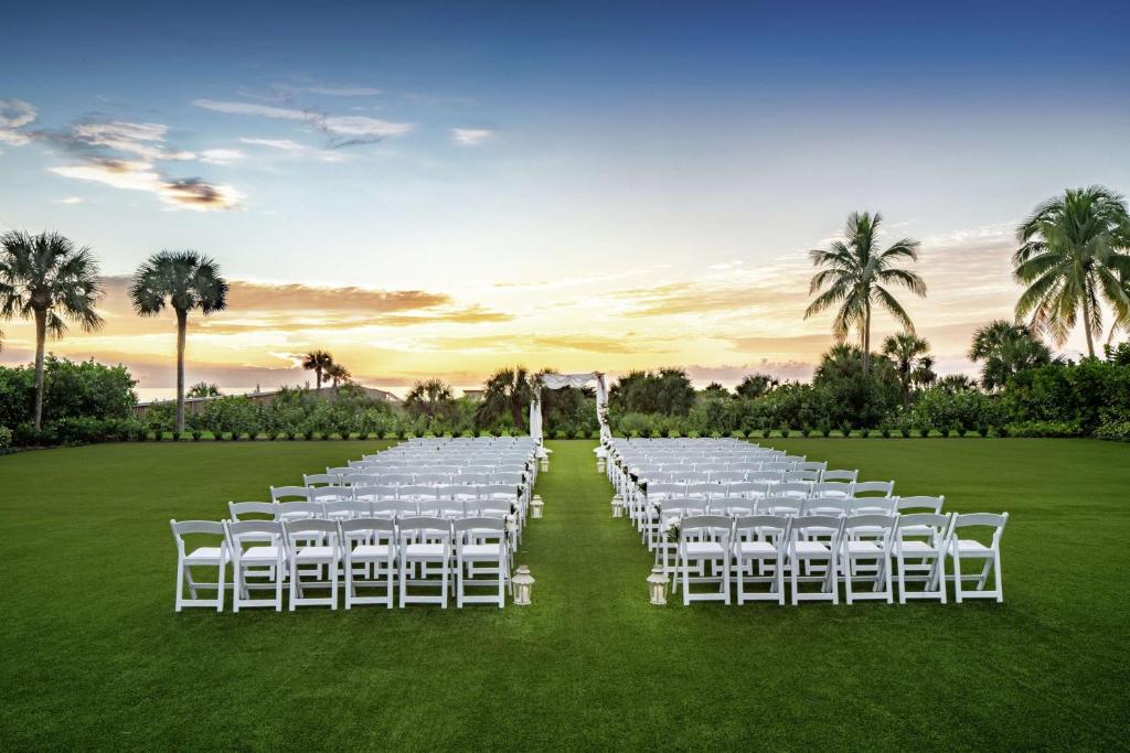 a row of white chairs in a field with palm trees at Hilton Marco Island Beach Resort and Spa in Marco Island
