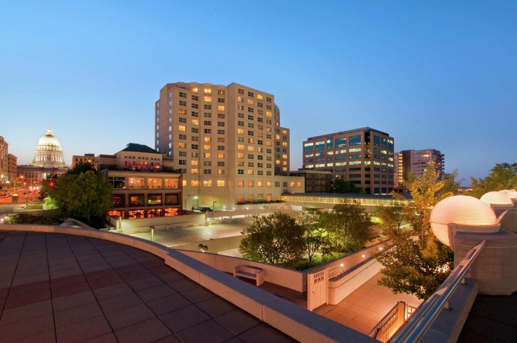 a view of a city skyline with tall buildings at Hilton Madison Monona Terrace in Madison