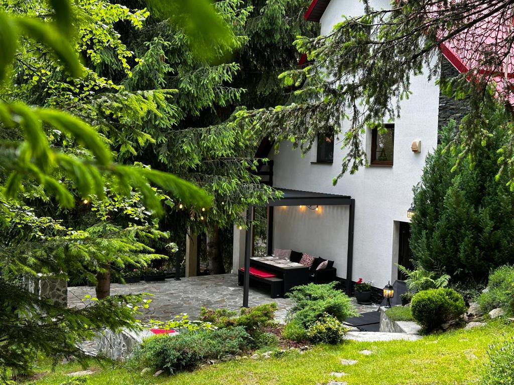 un jardín con sofá frente a una casa en Mountain Chalet - Cabana la Muntele Baisorii, en Muntele Cacovei