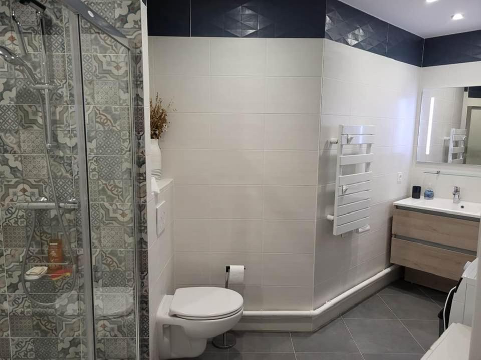 uma casa de banho com um WC, um chuveiro e um lavatório. em Bel appartement à Rueil-Malmaison em Rueil-Malmaison