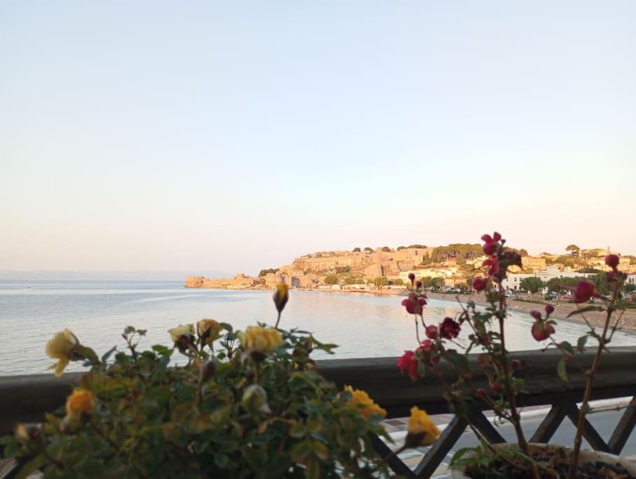 uma vista para a praia e para o oceano com flores em Anna's - Castle and sea view house em Mitilene