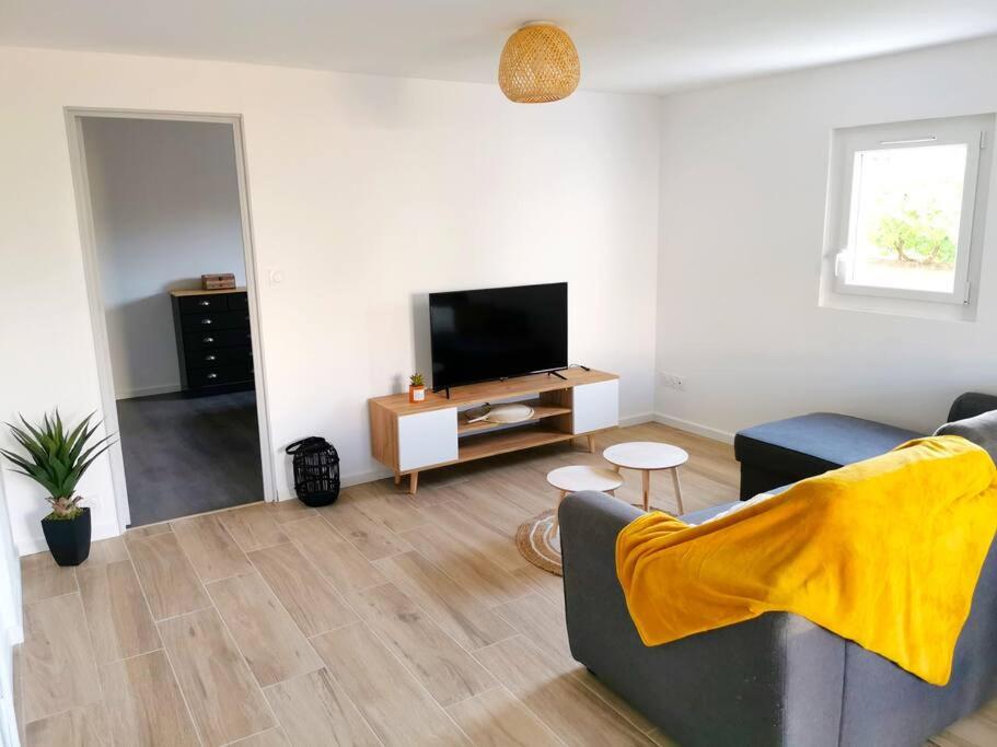 ein Wohnzimmer mit einem Sofa und einem Flachbild-TV in der Unterkunft Charmant appartement, T2 50m2, à Biguglia in Biguglia