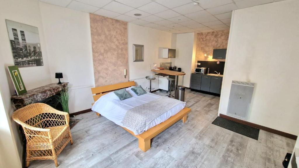 a bedroom with a bed and a chair in it at Appart hôtel Roanne hyper centre ville in Roanne