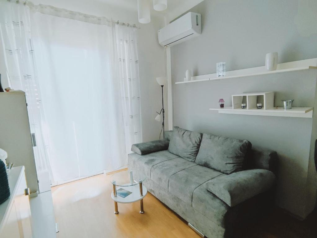 een woonkamer met een bank en een raam bij Fami Superior One Bedroom Apartment in Rijeka