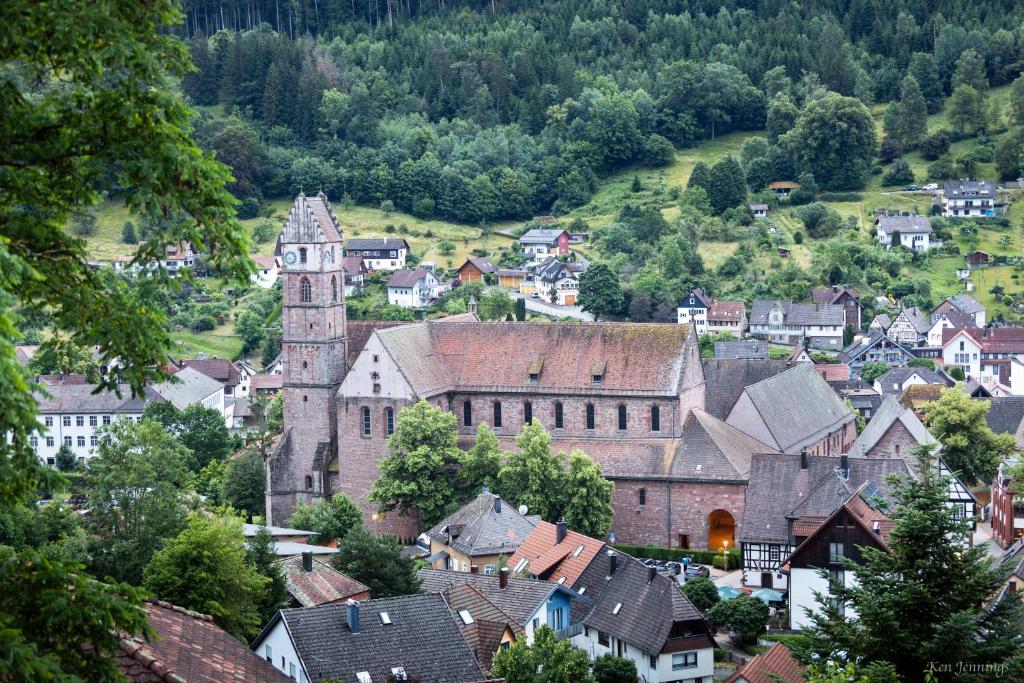 una ciudad vieja con una iglesia en un pueblo en Miu's Ferienwohnung, en Alpirsbach