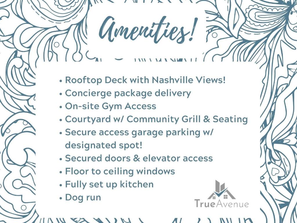 a patterned invitation for a wedding with a menu at Lux living in this 6th floor condo located in East Nashville minutes to downtown in Nashville