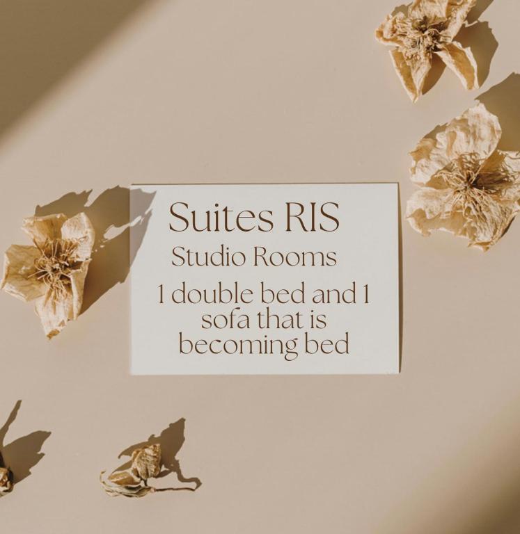 a sign that says suitesras studio rooms i double bed and i sofa that is at Suites Ris in Néa Péramos