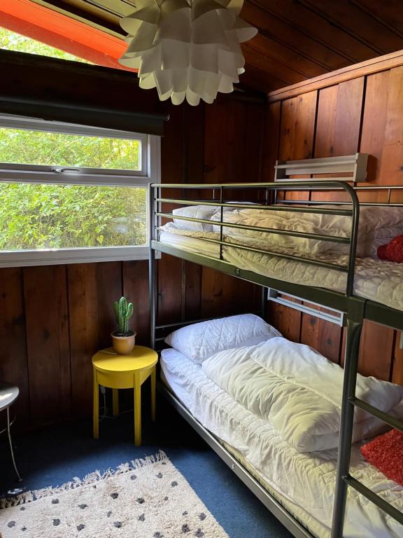 a bunk bed room with two bunk beds and a table at Madame Chalet in Seaton