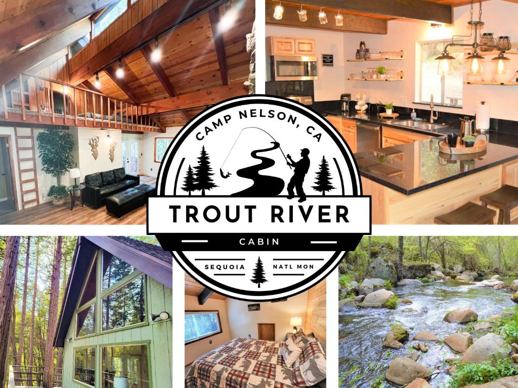 uma colagem de quatro fotos de uma casa em Trout River Cabin - Secluded Riverfront Adventure 