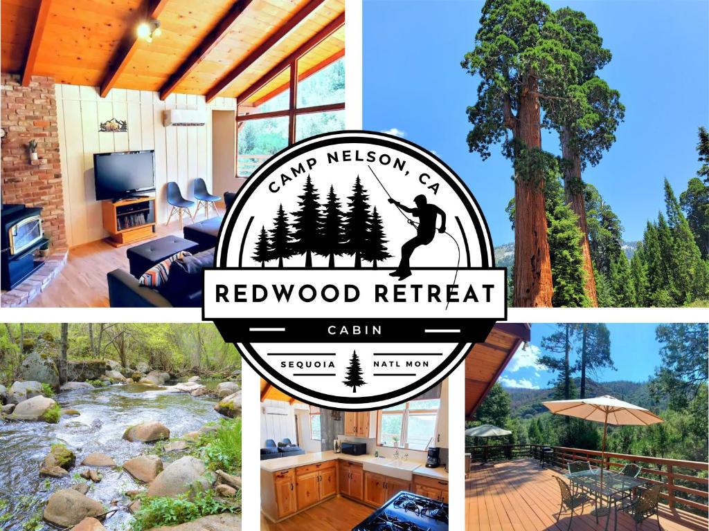 Redwood Retreat, Mountains, Adventure and Nature في Ponderosa: مجموعة من الصور مع شعار redwood retreat