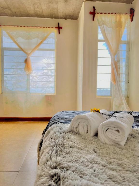 a bedroom with a bed with white blankets and windows at CUAJIMOLOYAS HOUSE in Cuajimoloyas