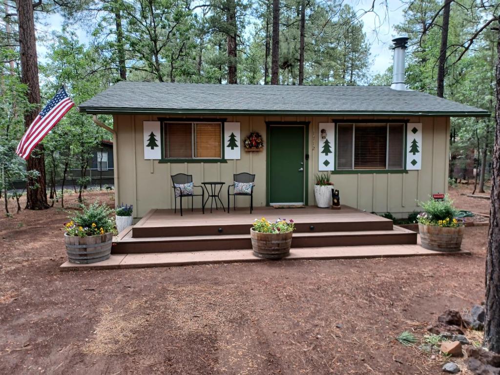 a small house with a green door and a flag at Adair Springs Cabin in Pinetop-Lakeside