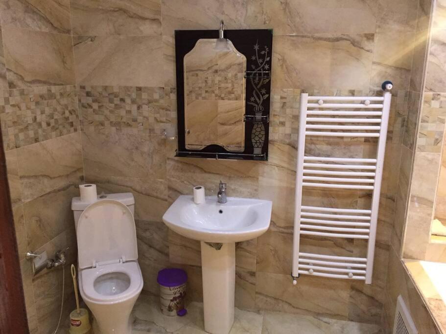 ein Badezimmer mit einem Waschbecken, einem WC und einem Spiegel in der Unterkunft 2 minutes from Sheraton Oran. Come and relax here. in Oran