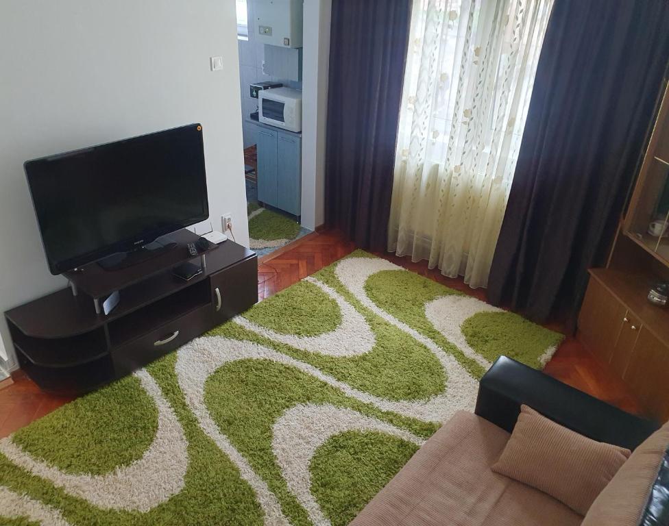 - un salon avec une télévision et un tapis vert dans l'établissement Apartament Codruta, à Turda