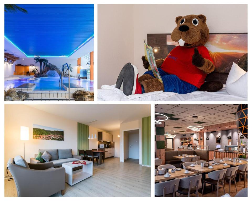 eine Collage mit Bildern eines Restaurants mit einem Teddybären in der Unterkunft Familien Apartmenthotel Panoramic in Bad Lauterberg
