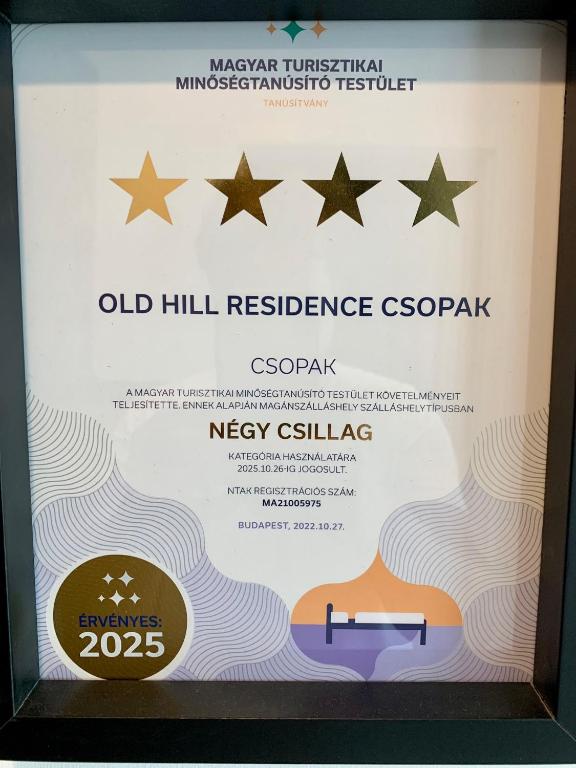 Certyfikat, podpis lub inny dokument wystawiony w obiekcie Old Hill Residence Csopak