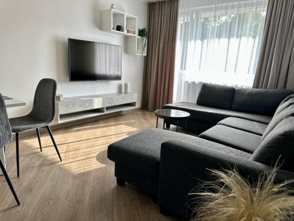 a living room with a couch and a tv at Apartment in Birstonas in Birštonas