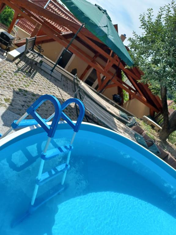 Una escalera azul en una piscina con sombrilla en Bé-La Vendégház, en Szomolya