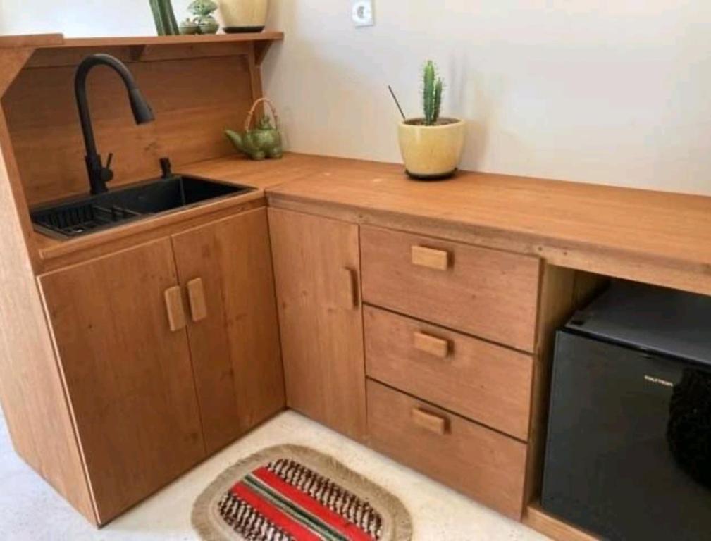 eine kleine Küche mit einer Spüle und einer Theke in der Unterkunft Seseh Hacienda in Munggu