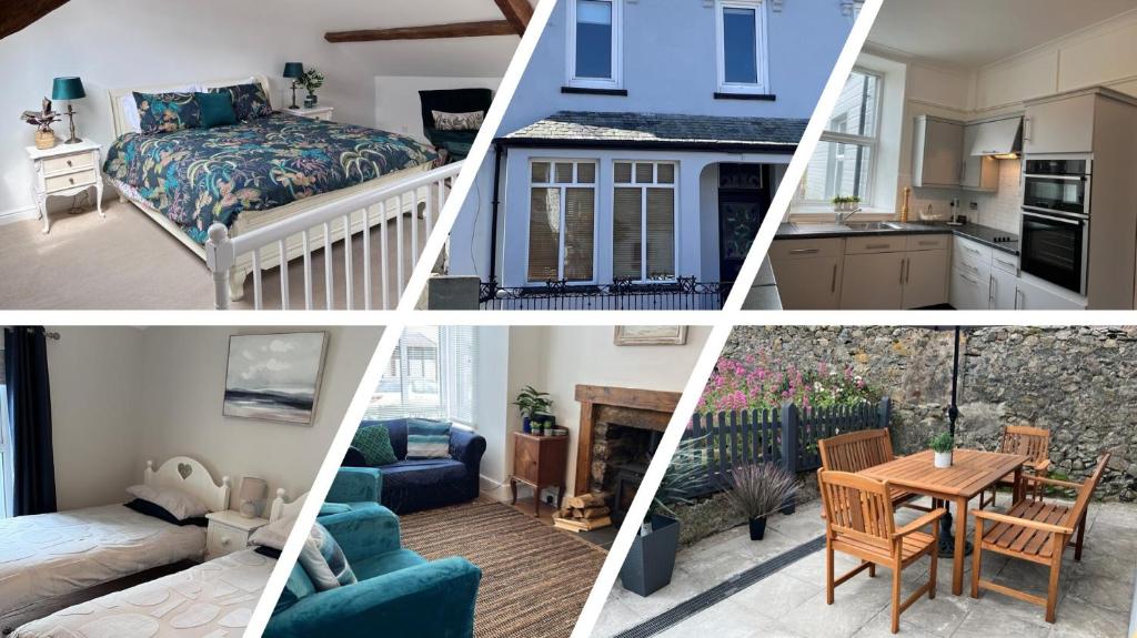 a collage of pictures of a kitchen and a living room at Tregwylan in Nefyn