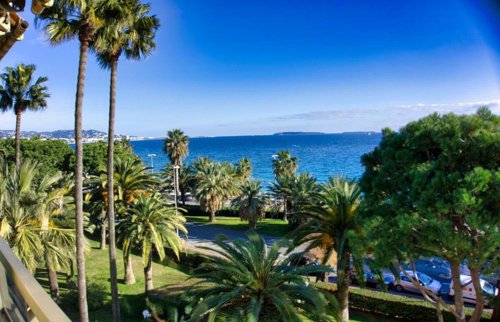 a view of the ocean from a resort with palm trees at Ref MIDI - Palmes d'Or Properties in Cannes