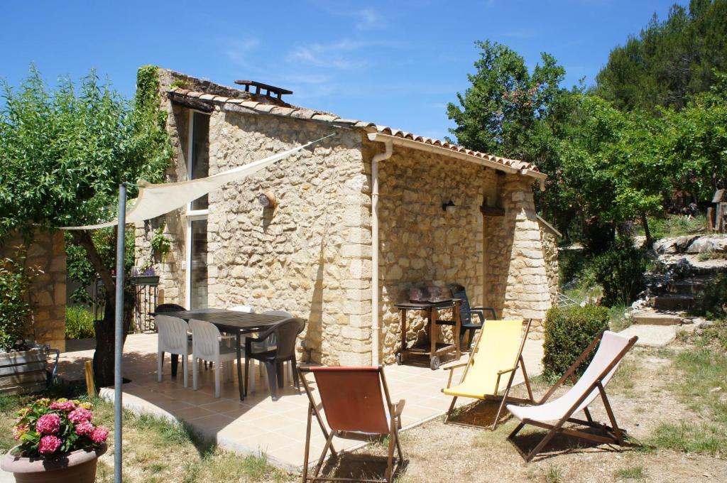 un patio avec une table et des chaises devant un bâtiment dans l'établissement Mas des Collines Gîte de charme avec Piscine, à Châteauneuf-de-Bordette