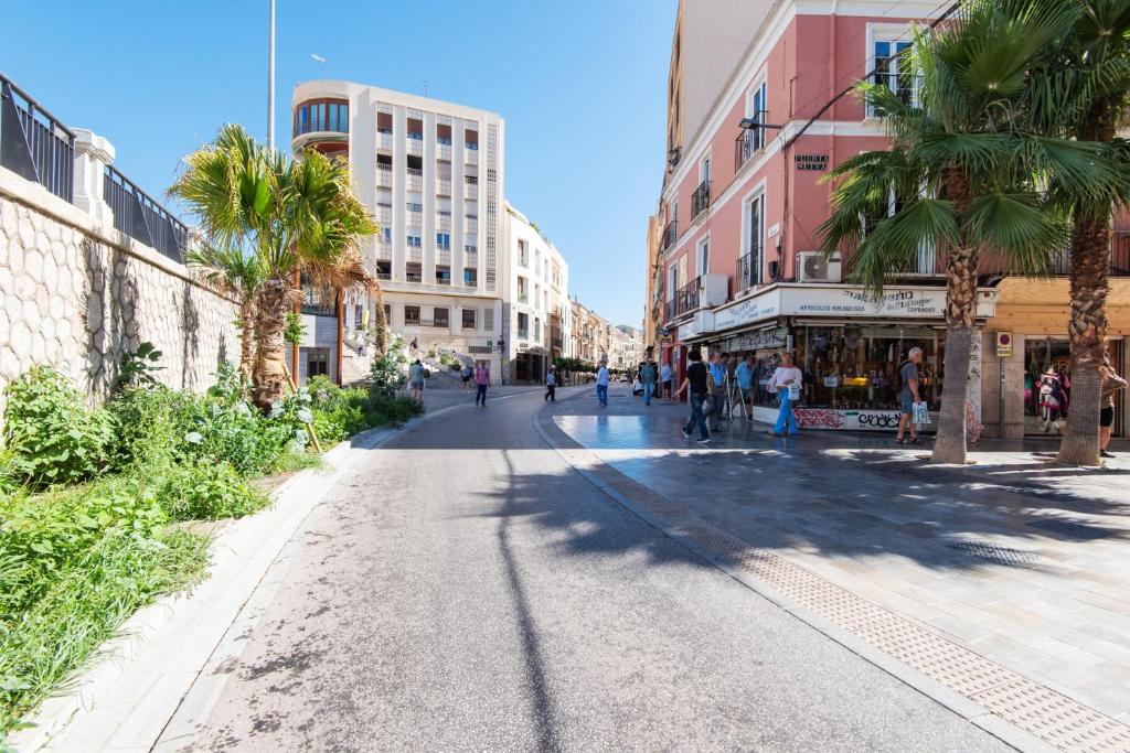 マラガにあるEL BALCÓN DEL PINTOR, the best option in the historic center of Málagaのヤシの木や建物のある街路