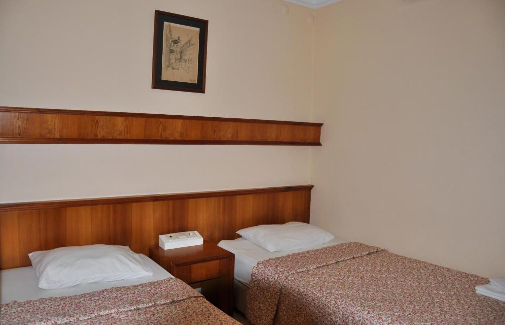 a room with two beds and a picture on the wall at Tuncer Garden Hotel in Kemer