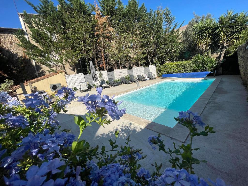 einen Pool mit Stühlen und lila Blumen in der Unterkunft Velezia Guesthouse in Roujan