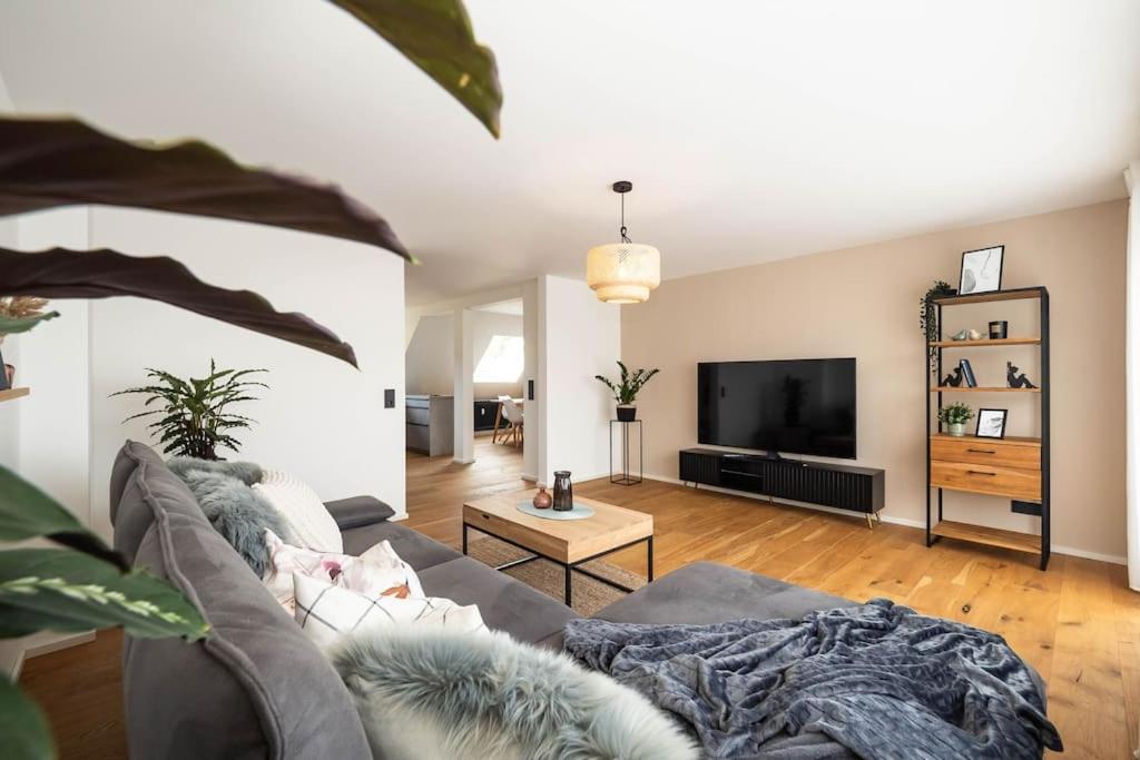 a living room with a couch and a tv at Luxury Apartment on the Rhein in Busingen am Hochrhein