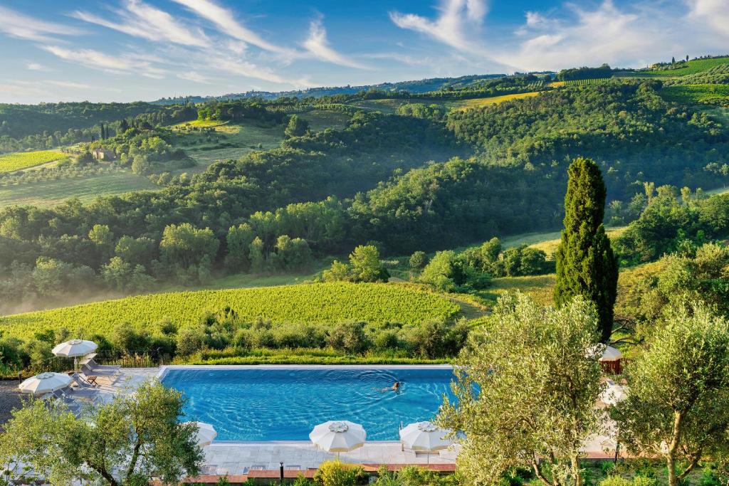 una piscina con vistas a un viñedo y a las colinas en TORREVISTA - Opened 2022, en Montaione