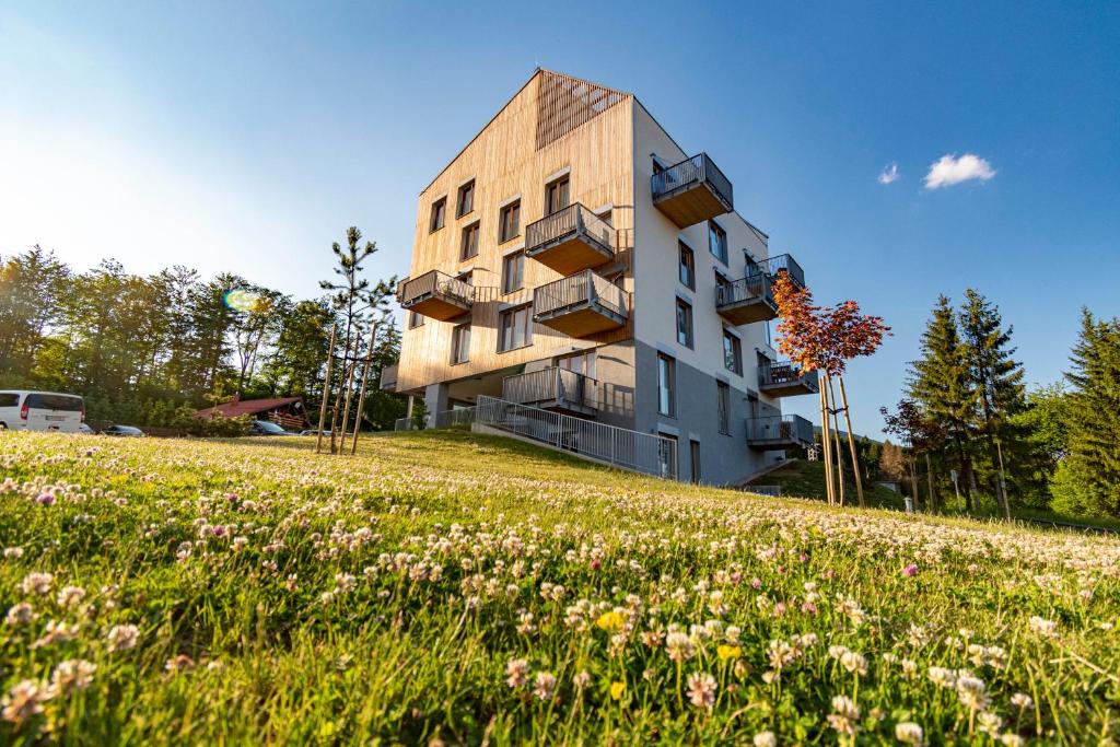 a building on a hill with a field of flowers at Apartmán Jesienka, Hillside in Dolný Kubín