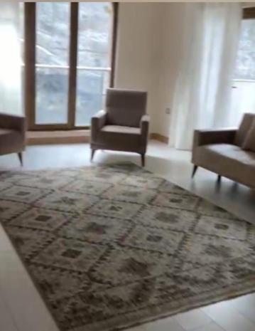 sala de estar con 2 sillas y alfombra en شقة فى طربزون, en Yomra