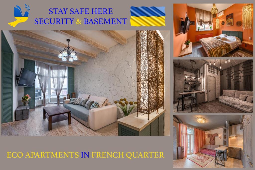 een collage van foto's van een woonkamer en een kamer bij Eco Apartments in french quarter in Kiev