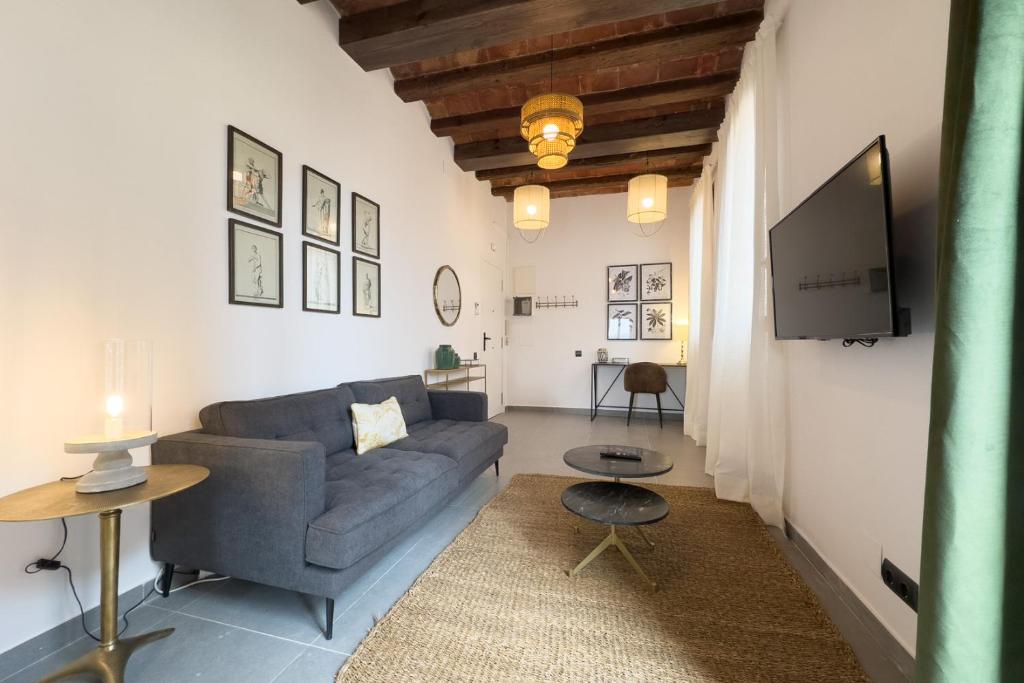 ein Wohnzimmer mit einem Sofa und einem TV in der Unterkunft Fabulous One bedroom Apartament in Poble nou in Barcelona