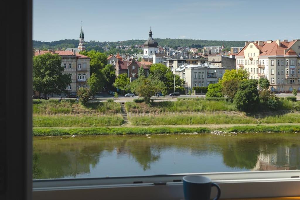 a view of a city from a window at Studio z widokiem na rzekę in Przemyśl