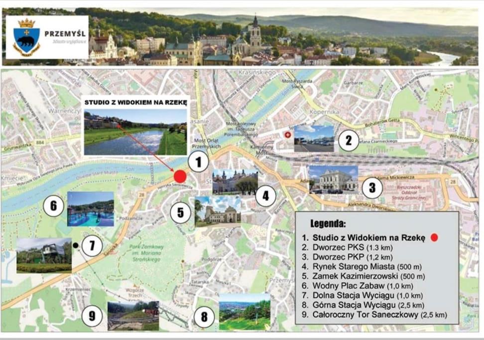 a map of a city with locations on it at Studio z widokiem na rzekę in Przemyśl